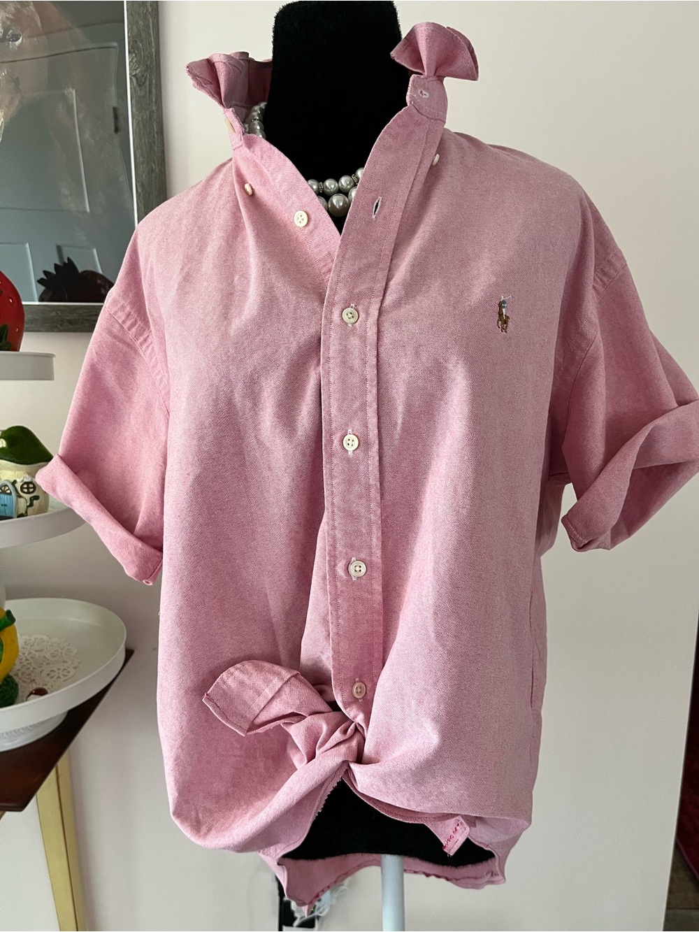 Refashioned Ralph Lauren Red/Pink Women’s Oxford Button-Down with Ruffle Collar